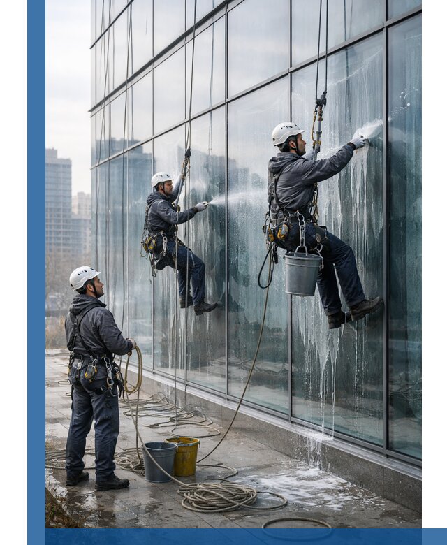 Промышленная мойка панорамных окон на высоте в Елабуге