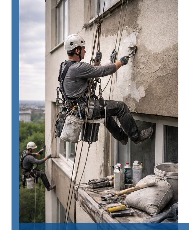 Косметический ремонт фасада зданий в Елабуге промышленными альпинистами