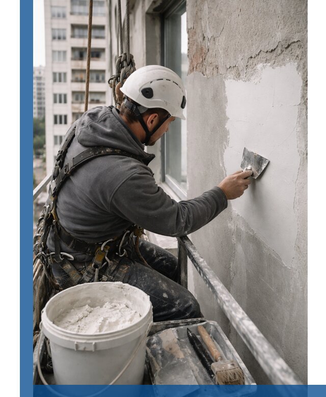 Шпаклевка фасадов на высоте с промальпинистами в Елабуге