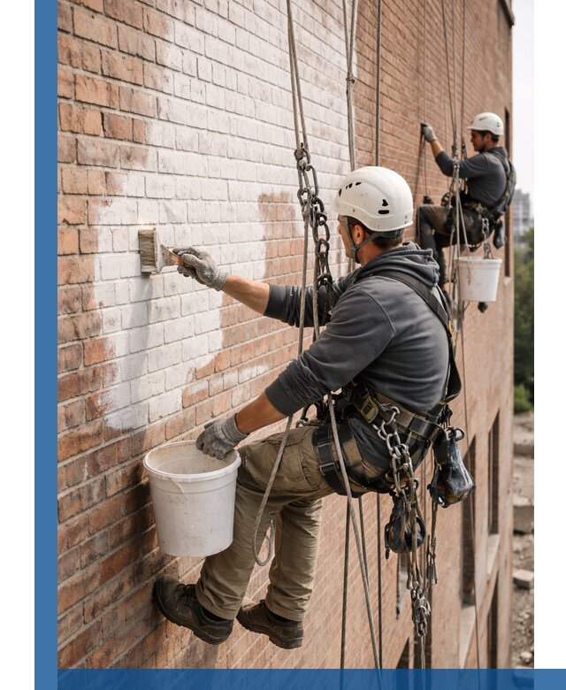 Покраска кирпичного фасада с доступным альпинистским сервисом в Елабуге