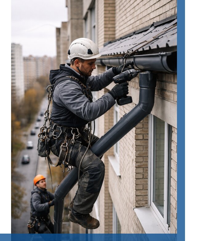 Монтаж водосточной системы на здании в Елабуге от 5064 р. | ВЫСОТНИК-Лбг