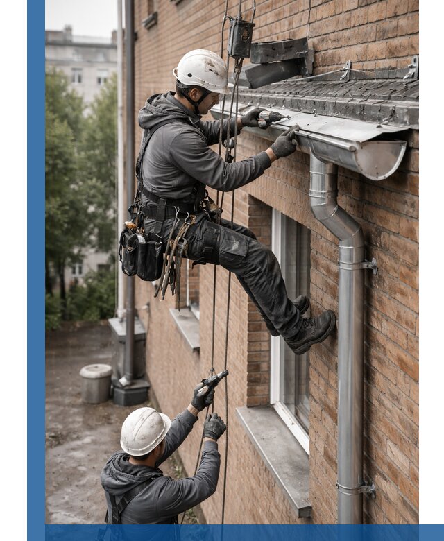 Монтаж водосточной системы на здании в Елабуге под ключ