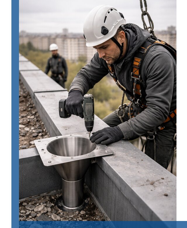 Монтаж водосточных воронок в Елабуге для промышленных зданий