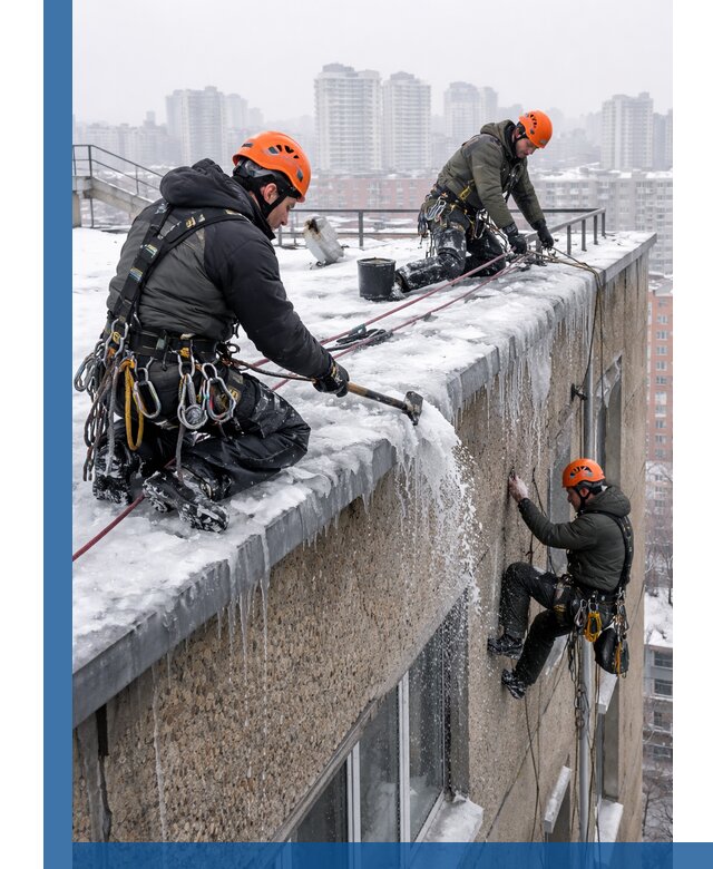 Удаление наледи с кровли в Елабуге промышленными альпинистами