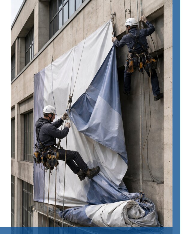 Демонтаж баннеров с фасада в Елабуге от 4558 р. | ВЫСОТНИК-Лбг