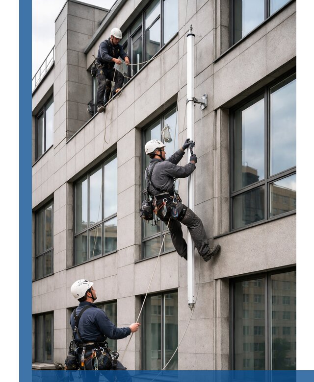 Монтаж флагштока на фасаде здания с креплением и герметикой в Елабуге