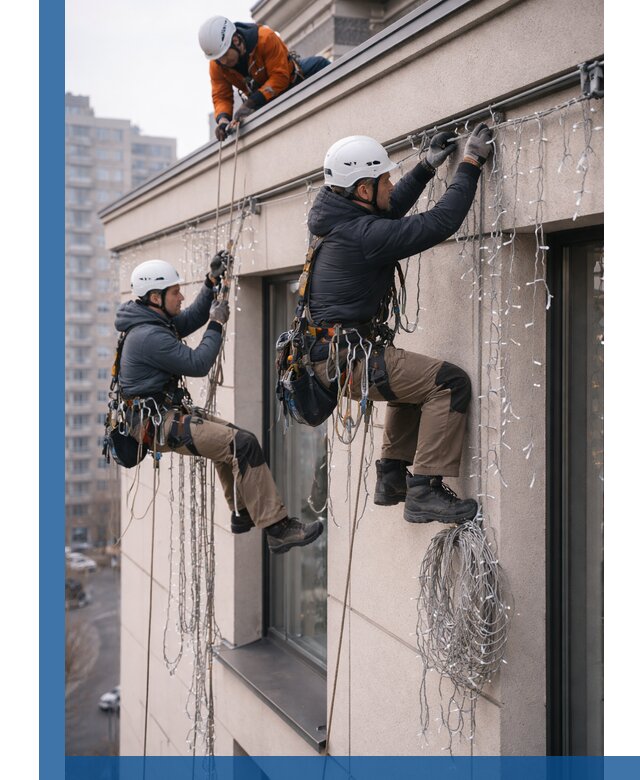 Монтаж праздничных гирлянд на фасаде в Елабуге для зданий