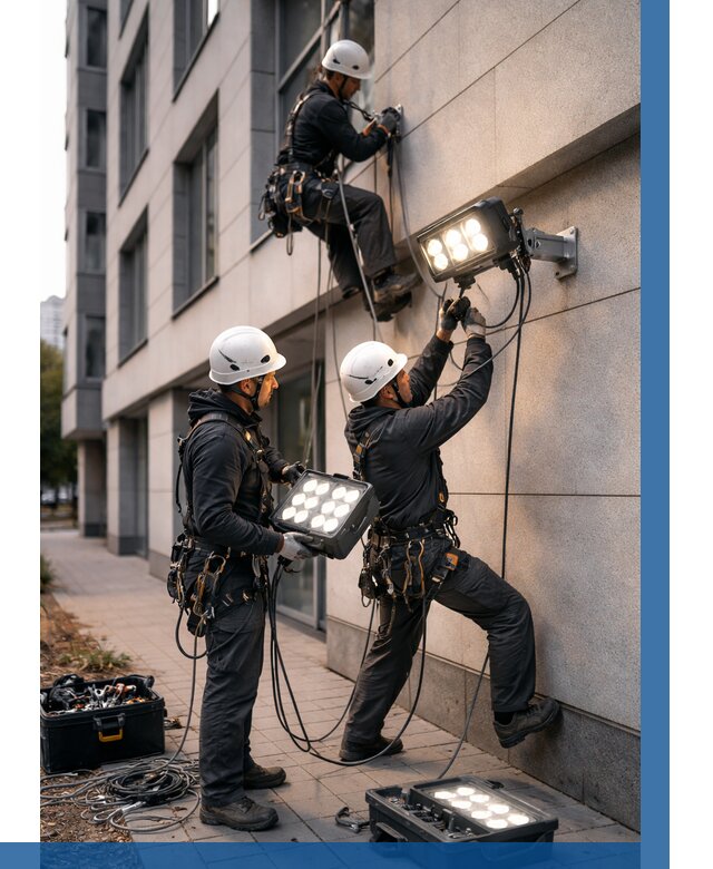 Монтаж прожекторов на фасаде в Елабуге от 7596 р. | ВЫСОТНИК-Лбг