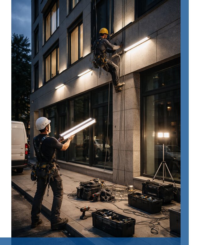 Монтаж архитектурной подсветки здания в Елабуге от 2532 р.|ВЫСОТНИК-Лбг