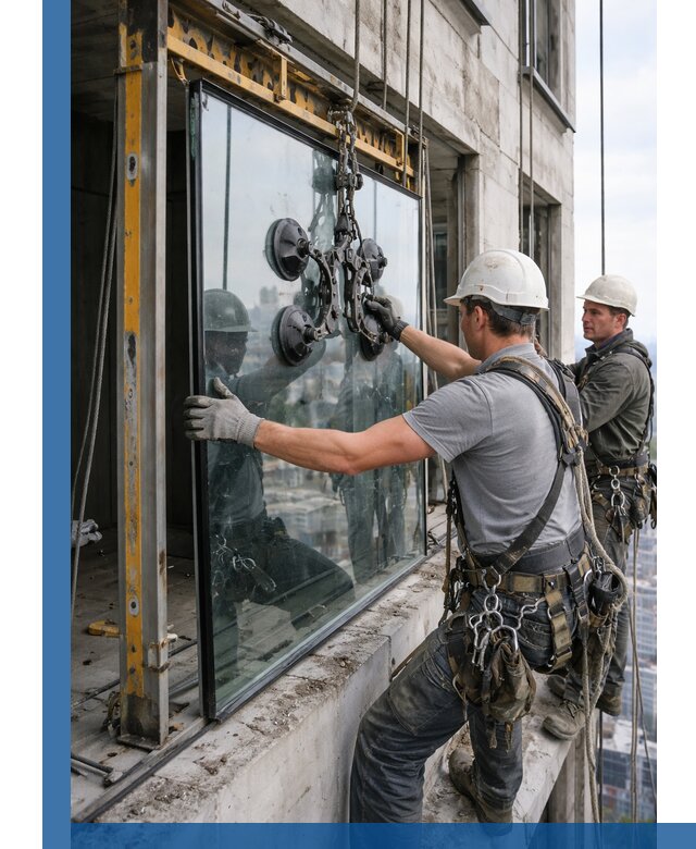 Монтаж стеклопакетов на высоте в Елабуге с промышленным альпинизмом