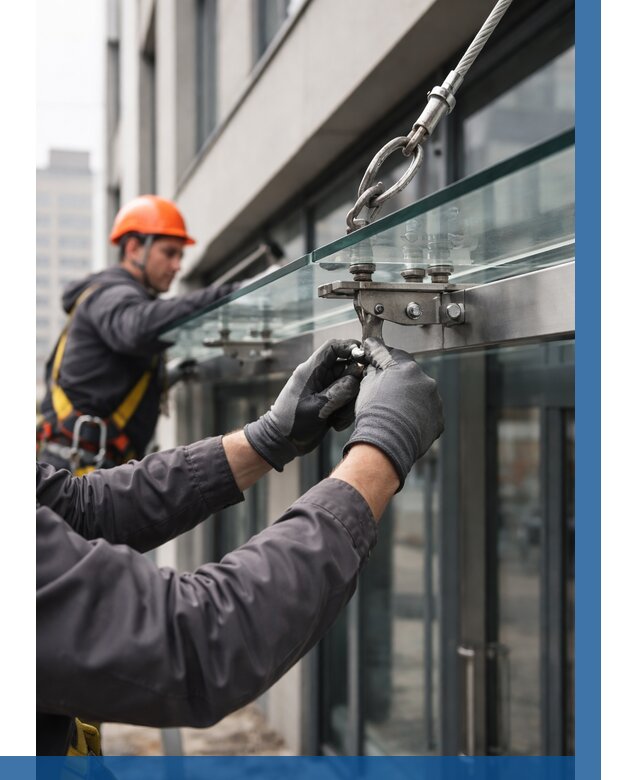 Монтаж стеклянных козырьков в Елабуге от 8609 р. | ВЫСОТНИК-Лбг