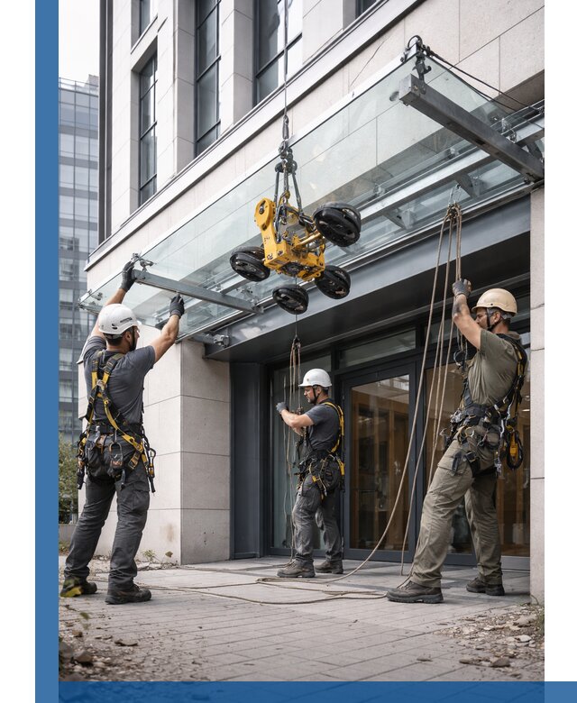 Монтаж стеклянных козырьков под ключ в Елабуге для зданий