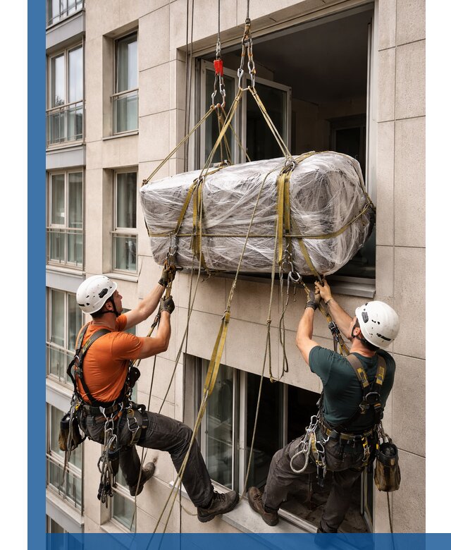 Подъем грузов через окно в Елабуге промышленными альпинистами