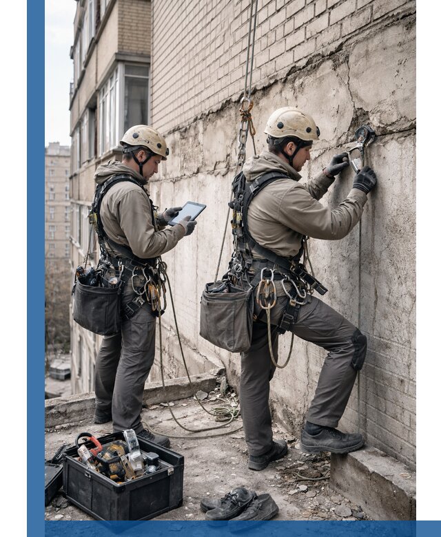 Обследование фасада промышленными альпинистами в Елабуге